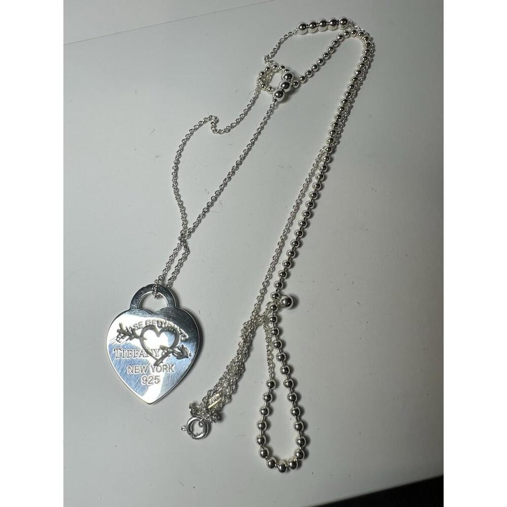 Tiffany Etched Heart Pendant with 30” Mixed Bead Chain Necklace Sterling Silver
